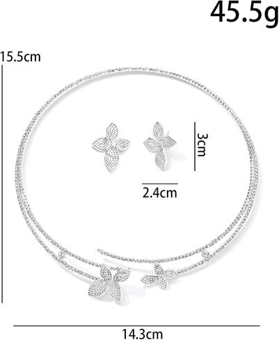 Silver Flower Necklace and Earring Set, Layered Open Choker Rhinestone Bridal Jewelry Set for Wedding Costume Jewelry in Saudi Arabia