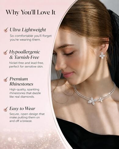 Silver Flower Necklace and Earring Set, Layered Open Choker Rhinestone Bridal Jewelry Set for Wedding Costume Jewelry in Saudi Arabia