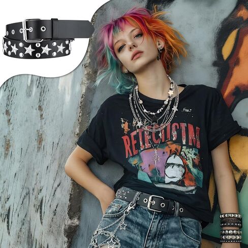 Tondiamo 13 قطعة أحزمة بانك مرصعة Y2k، سوار، سلسلة، مجموعة مجوهرات Alt Emo Goth بحلقة مزدوجة ومرصعة بحزام على شكل نجمة وسلسلة جيب وقلادة Y2k ملابس الجرونج وإكسسوارات الروك البديلة للنساء والرجال in Kuwait