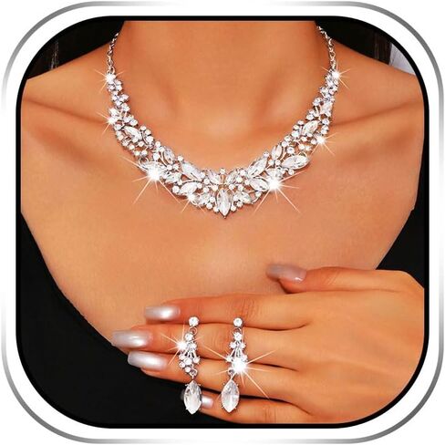 Sixexey Rhinestone Jewelry Set Silver Prom Necklace Earrings Bridal Wedding Jewelry Accessories for Women in Saudi Arabia