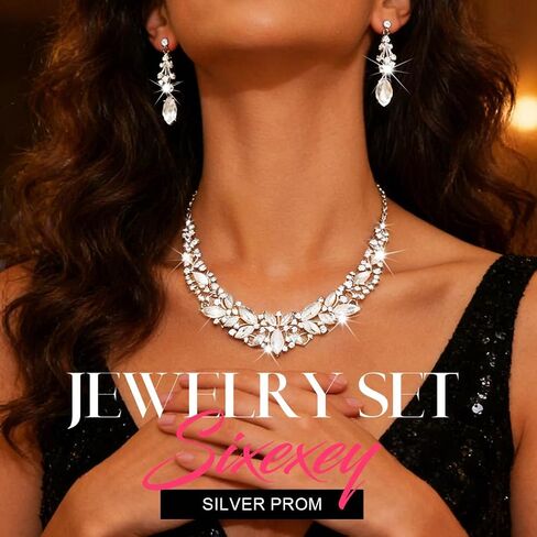 Sixexey Rhinestone Jewelry Set Silver Prom Necklace Earrings Bridal Wedding Jewelry Accessories for Women in Saudi Arabia