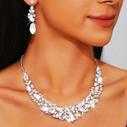 Sixexey Rhinestone Jewelry Set Silver Prom Necklace Earrings Bridal Wedding Jewelry Accessories for Women in Saudi Arabia