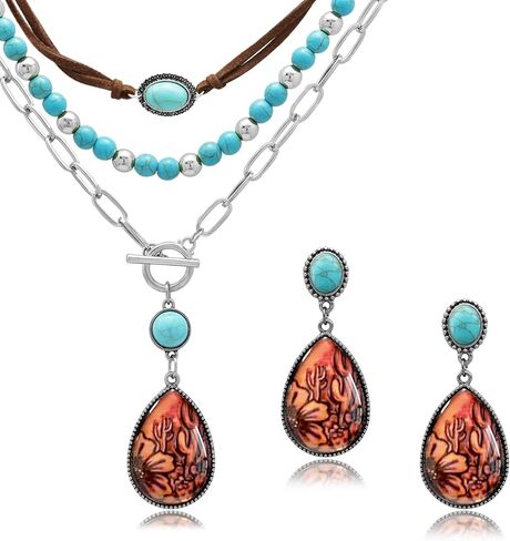 4 Pcs Boho Western Jewelry Set for Women Layered Turquoise Beaded Cactus Choker Western Necklaces Retro Cactus Cowboy Chic Dangle Earrings Cowgirl Accessory Country Concert Outfits Gift in Saudi Arabia