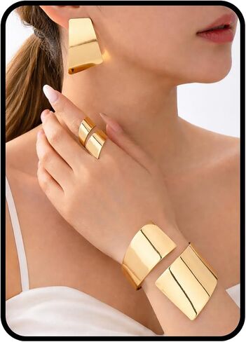 Gold Jewelry Sets for Women, Geometric Mirror Finish Earrings Wide Open Cuff Bracelet Adjustable Ring Statement Modern Minimalist Bold Fashion Jewelry Gift in Saudi Arabia