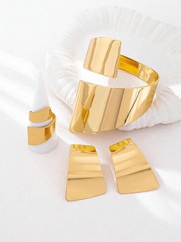 Gold Jewelry Sets for Women, Geometric Mirror Finish Earrings Wide Open Cuff Bracelet Adjustable Ring Statement Modern Minimalist Bold Fashion Jewelry Gift in Saudi Arabia