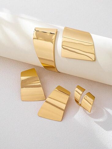 Gold Jewelry Sets for Women, Geometric Mirror Finish Earrings Wide Open Cuff Bracelet Adjustable Ring Statement Modern Minimalist Bold Fashion Jewelry Gift in Saudi Arabia