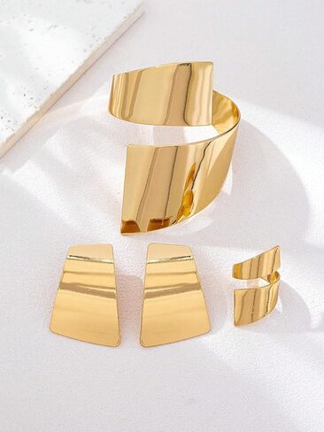 Gold Jewelry Sets for Women, Geometric Mirror Finish Earrings Wide Open Cuff Bracelet Adjustable Ring Statement Modern Minimalist Bold Fashion Jewelry Gift in Saudi Arabia