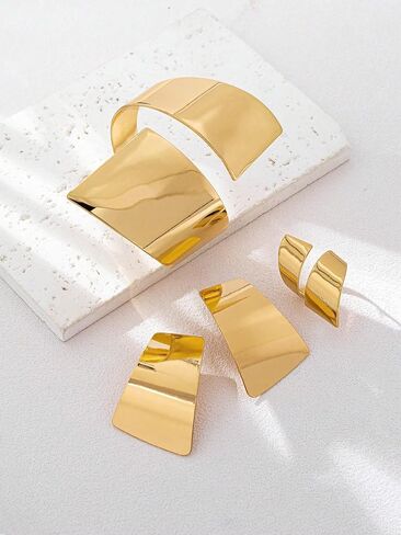 Gold Jewelry Sets for Women, Geometric Mirror Finish Earrings Wide Open Cuff Bracelet Adjustable Ring Statement Modern Minimalist Bold Fashion Jewelry Gift in Saudi Arabia