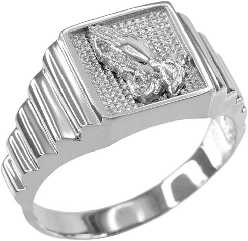 Men's Polished 925 Sterling Silver Layered Band Square Face Praying Hands Ring in Saudi Arabia