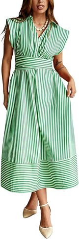Yeokou Women Striped Shirt Dress Sleeveless Button Down Summer Casual Maxi Dresses Beach Vacation Sundress with Belt in Kuwait