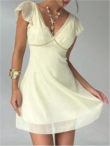 SOLY HUX Women's Cute Lace V Neck Mesh Summer Mini Dress Wedding Guest Brunch Dress Vacation Dresses in Saudi Arabia