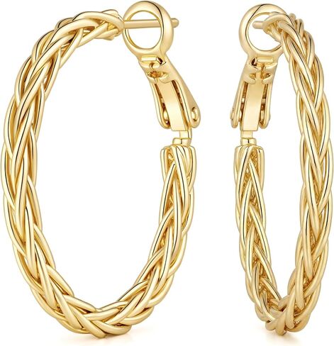 Gold Earrings for Women 14K Gold Hoop Earrings for Women 30mm | 14K Gold Earrings for Women Hoop Twisted Woven Texture and Braided Detailing Gold Hoop Earrings for Womens in Saudi Arabia