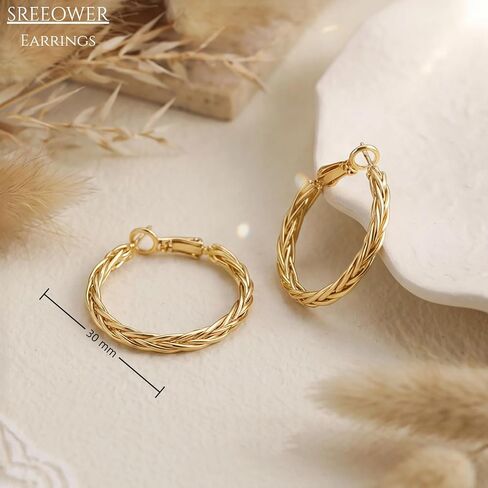 Gold Earrings for Women 14K Gold Hoop Earrings for Women 30mm | 14K Gold Earrings for Women Hoop Twisted Woven Texture and Braided Detailing Gold Hoop Earrings for Womens in Saudi Arabia