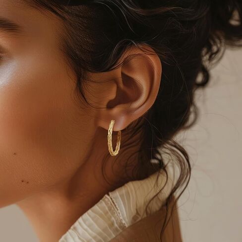 Gold Earrings for Women 14K Gold Hoop Earrings for Women 30mm | 14K Gold Earrings for Women Hoop Twisted Woven Texture and Braided Detailing Gold Hoop Earrings for Womens in Saudi Arabia