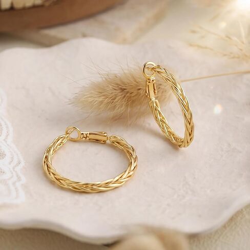 Gold Earrings for Women 14K Gold Hoop Earrings for Women 30mm | 14K Gold Earrings for Women Hoop Twisted Woven Texture and Braided Detailing Gold Hoop Earrings for Womens in Saudi Arabia