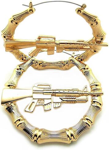 Women Lady Hip Hop Celebrity Style Gold Plated Ghetto Style Machine Gun Bamboo Hoop Hollow Pincatch Fashion Earrings Earring in Saudi Arabia