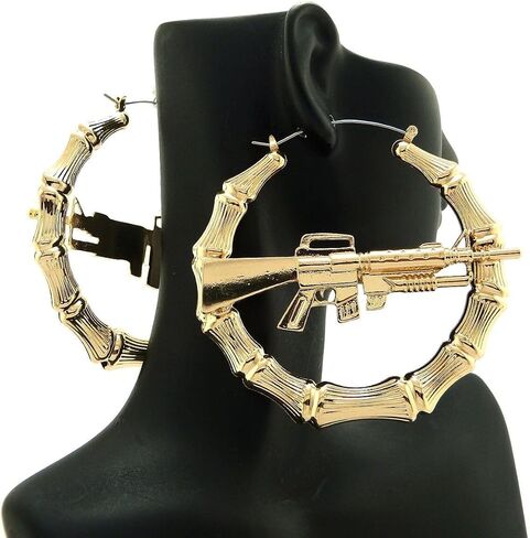Women Lady Hip Hop Celebrity Style Gold Plated Ghetto Style Machine Gun Bamboo Hoop Hollow Pincatch Fashion Earrings Earring in Saudi Arabia
