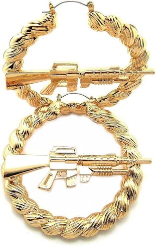 Women Lady Hip Hop Celebrity Style Gold Plated Ghetto Style Machine Gun Bamboo Hoop Hollow Pincatch Fashion Earrings Earring in Saudi Arabia