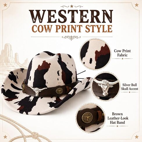ATHX Cowgirl Cowboy Hat for Women Western Cow Print Hat with Trendy Metal Bull Hatband Party Vacation Cowgirl Outfits in Saudi Arabia