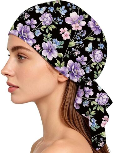 Purple Flowers Pattern Chemo Headwear for Women Pre-Tied Turban Beanie Soft Stretch Headwrap Bandana for Hair Loss Cancer Patients Daily Wear Sleep Head Cover Accessories in Saudi Arabia