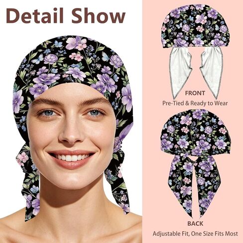 Purple Flowers Pattern Chemo Headwear for Women Pre-Tied Turban Beanie Soft Stretch Headwrap Bandana for Hair Loss Cancer Patients Daily Wear Sleep Head Cover Accessories in Saudi Arabia