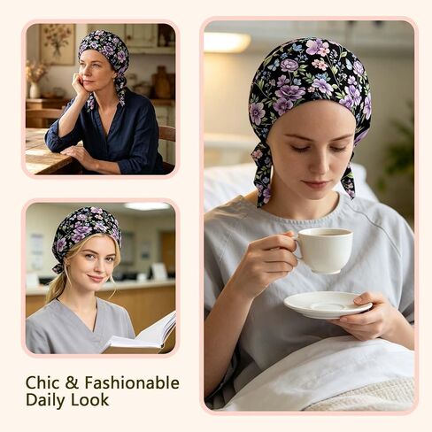 Purple Flowers Pattern Chemo Headwear for Women Pre-Tied Turban Beanie Soft Stretch Headwrap Bandana for Hair Loss Cancer Patients Daily Wear Sleep Head Cover Accessories in Saudi Arabia