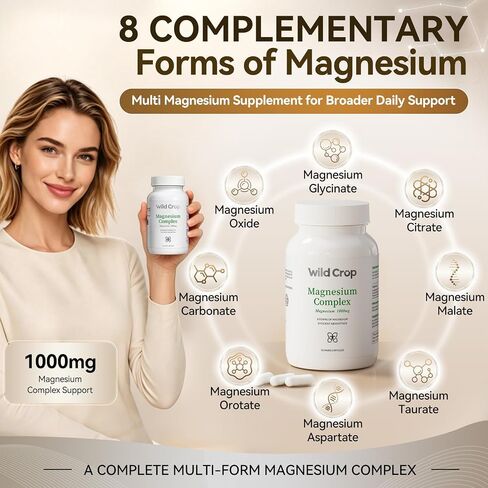 Magnesium Complex 1000 mg, 8 Forms Magnesium Oxide, Glycinate, Malate, Taurate, Citrate, Carbonate, Aspartate, Orotate, High Absorption Formula for Nerve, Muscle & Bone Support, 90 Capsules in Kuwait