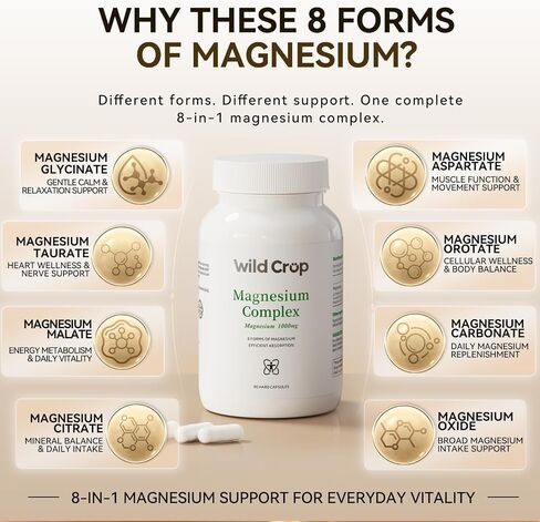Magnesium Complex 1000 mg, 8 Forms Magnesium Oxide, Glycinate, Malate, Taurate, Citrate, Carbonate, Aspartate, Orotate, High Absorption Formula for Nerve, Muscle & Bone Support, 90 Capsules in Kuwait