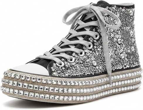 Womens Two-Tone Color Block Black & White Lace-up High-Top Canvas Sneakers with Art Detail, Sequin & Rhinestone Laces Casual Platform Boots for Party & Daily Wear in Saudi Arabia