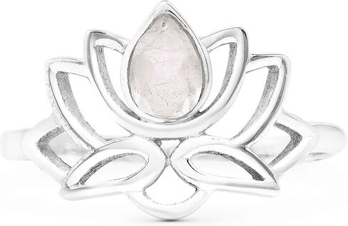 Cut Pear Moonstone Lotus 925 Sterling Silver Ring - Delicate BOHO Chic Jewelry - Fashionable and Stylish for Women with Velvet Gift Bag - Made by Indian Artisans - Size 5-10 in Saudi Arabia