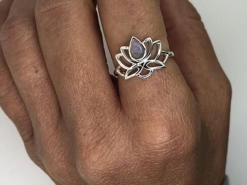 Cut Pear Moonstone Lotus 925 Sterling Silver Ring - Delicate BOHO Chic Jewelry - Fashionable and Stylish for Women with Velvet Gift Bag - Made by Indian Artisans - Size 5-10 in Saudi Arabia