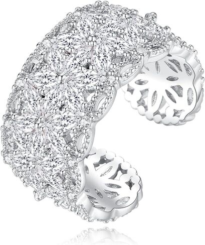 925 Sterling Silver Rings for Women, Adjustable Open Statement Wide Band Ring, Full Cubic Zirconia Trendy Hollow Lace, Dainty Valentine‘s Day Jewelry Gifts for her in Saudi Arabia