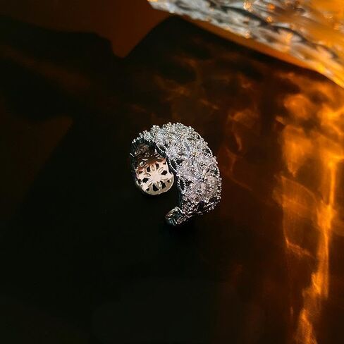 925 Sterling Silver Rings for Women, Adjustable Open Statement Wide Band Ring, Full Cubic Zirconia Trendy Hollow Lace, Dainty Valentine‘s Day Jewelry Gifts for her in Saudi Arabia