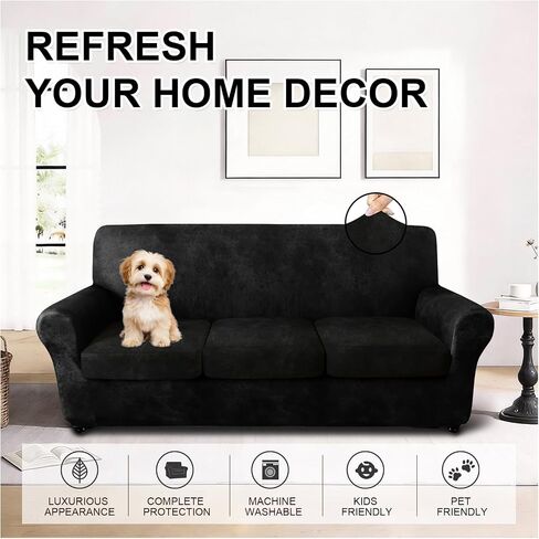 ANARACHON 4-Piece Split Faux Leather Fabric Sofa Slipcover, 78-88" | Scratch resistant, pet friendly individual cushion couch covers for 3-seater sofas. Non-slip design (Black). in Saudi Arabia