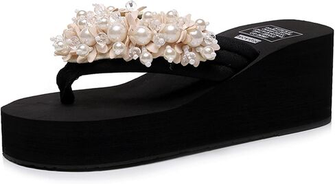 Women's Fashion Pearl Wedge Flip Flops Sandals Round Open Toe Non-Slip Platform Summer Beach Flip Flops for Daily Casual Vacation Walks in Kuwait