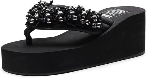 Women's Fashion Pearl Wedge Flip Flops Sandals Round Open Toe Non-Slip Platform Summer Beach Flip Flops for Daily Casual Vacation Walks in Kuwait