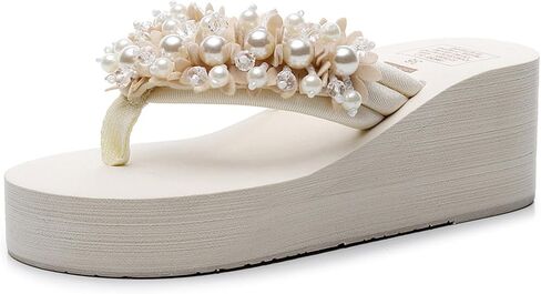 Women's Fashion Pearl Wedge Flip Flops Sandals Round Open Toe Non-Slip Platform Summer Beach Flip Flops for Daily Casual Vacation Walks in Kuwait