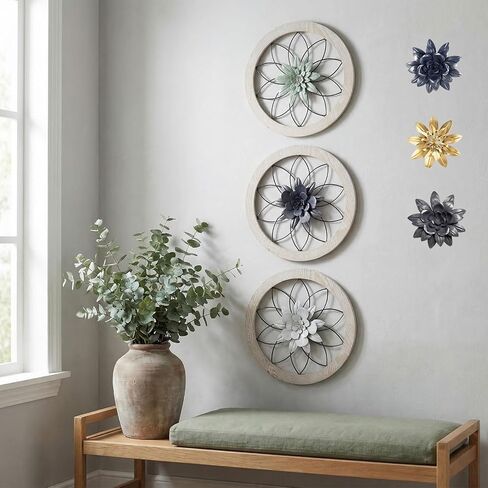 AIM & GGKK 3 Piece Round Farmhouse Wall Decor Set with Interchangeable Metal Flower, 12 Inch Rustic Wall Art for Living Room, Kitchen, Dining Room, Bedroom Modern Farmhouse Style in Saudi Arabia
