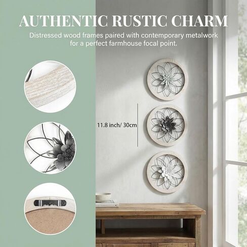 AIM & GGKK 3 Piece Round Farmhouse Wall Decor Set with Interchangeable Metal Flower, 12 Inch Rustic Wall Art for Living Room, Kitchen, Dining Room, Bedroom Modern Farmhouse Style in Saudi Arabia