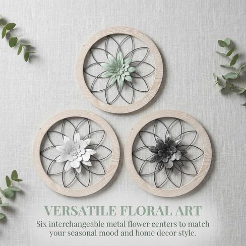 AIM & GGKK 3 Piece Round Farmhouse Wall Decor Set with Interchangeable Metal Flower, 12 Inch Rustic Wall Art for Living Room, Kitchen, Dining Room, Bedroom Modern Farmhouse Style in Saudi Arabia