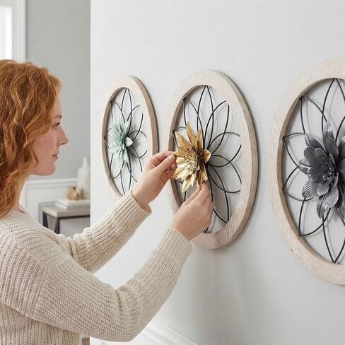 AIM & GGKK 3 Piece Round Farmhouse Wall Decor Set with Interchangeable Metal Flower, 12 Inch Rustic Wall Art for Living Room, Kitchen, Dining Room, Bedroom Modern Farmhouse Style in Saudi Arabia