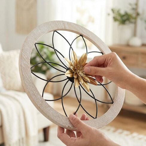 AIM & GGKK 3 Piece Round Farmhouse Wall Decor Set with Interchangeable Metal Flower, 12 Inch Rustic Wall Art for Living Room, Kitchen, Dining Room, Bedroom Modern Farmhouse Style in Saudi Arabia