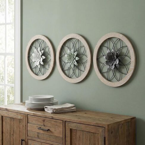 AIM & GGKK 3 Piece Round Farmhouse Wall Decor Set with Interchangeable Metal Flower, 12 Inch Rustic Wall Art for Living Room, Kitchen, Dining Room, Bedroom Modern Farmhouse Style in Saudi Arabia