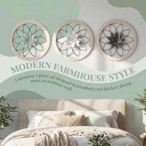 AIM & GGKK 3 Piece Round Farmhouse Wall Decor Set with Interchangeable Metal Flower, 12 Inch Rustic Wall Art for Living Room, Kitchen, Dining Room, Bedroom Modern Farmhouse Style in Saudi Arabia
