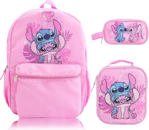 Disney Lilo and Stitch Backpack Set for Girls | Stitch and Angel Bookbag with Lunch Bag, Zip Case, and Carabiner | Kids School Backpack | Ages 3+ in Saudi Arabia