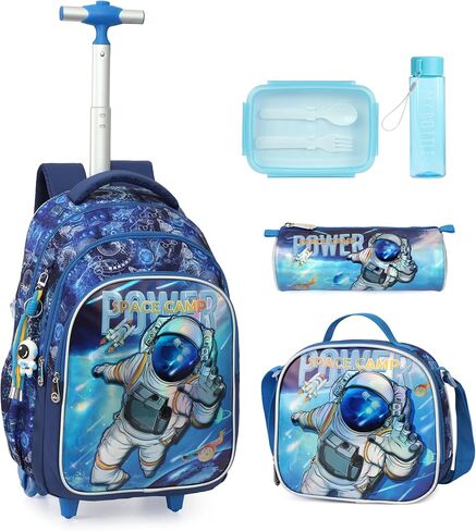 Cartoon Rolling Backpack for Boys Girls, Kids 5 Pcs Wheeled Backpack, Travel Backpack for Elementary Students (Shark Blue) in Saudi Arabia