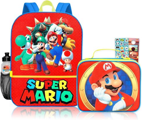 Mario Backpack and Lunch Box Set - Bundle with 16" School Bag Featuring Luigi, Yoshi, More Plus Lunch Bag, Stickers, Water Bottle | Super Mario Bros Backpack with Lunchbox in Kuwait