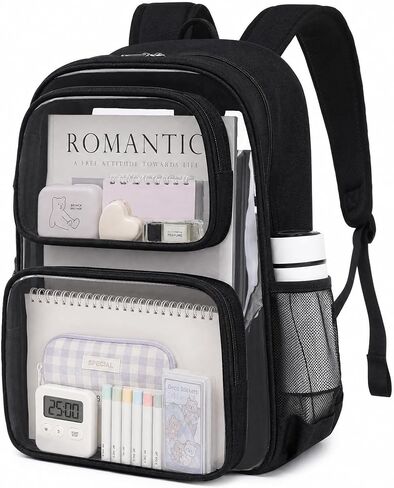 Sisipoet Clear Backpack for School, Heavy Duty Transparent Bookbag with Oxford Fabric Side Panels, Large Clear Backpack for College, Work, Stadium Events and Concert, Black in Saudi Arabia