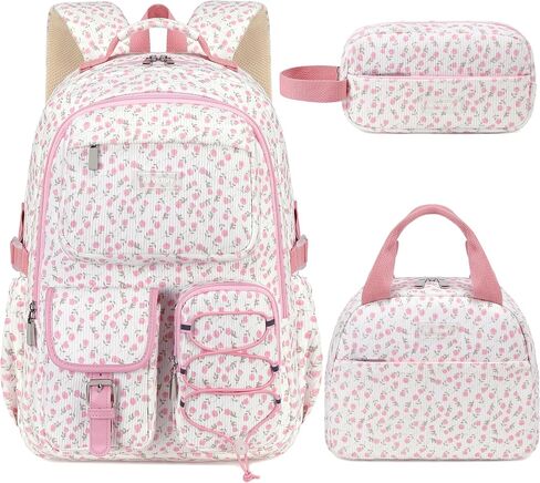 Corduroy Floral School Backpack for Girls 3PCS Kids Backpack Set with Lunch Box & Pencil Pouch Lightweight Teen Girls School Laptop Bag Travel Daypack for Elementary Middle High School (blue) in Saudi Arabia