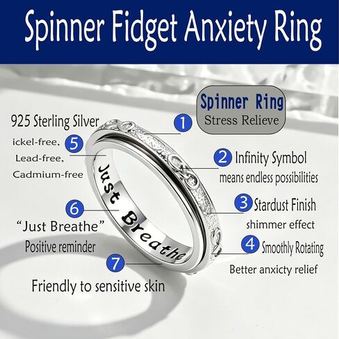 Infinity Spinner Fidget Anxiety Ring 925 Sterling Silver Just Breathe Stress Relief Spinner Rings for Women, Calming ADHD Autism Focus Jewelry Gifts in Saudi Arabia